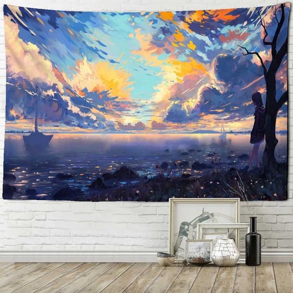 Tapisseries dessin animé girl paysage tapisserie mur suspendu boho coloré kawaii peinture art salle de dortoir décoration fond de décoration