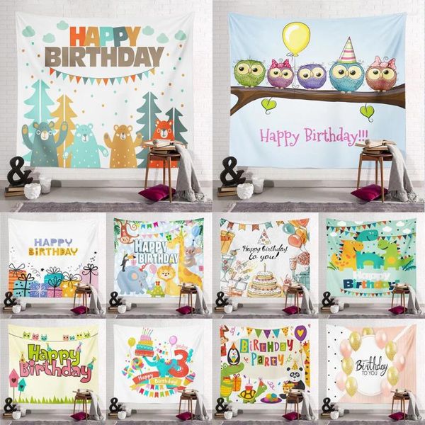Tapices Tapiz con estampado de feliz cumpleaños de dibujos animados para fiesta infantil, decoración de ducha de bebé, 75x58cm, banderines de animales lindos, alfombra de tela de pared de poliéster