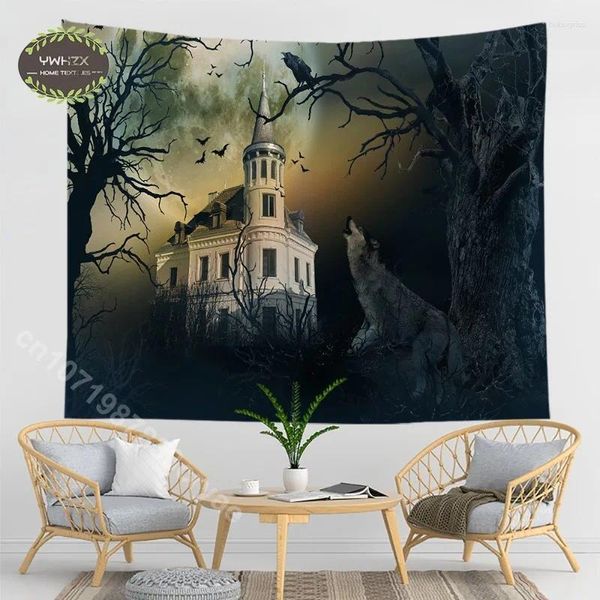 Tapisseries château corbeau citrouille lanterne tapisserie Halloween décor à la maison tenture murale sorcellerie gothique décoration fond tissu