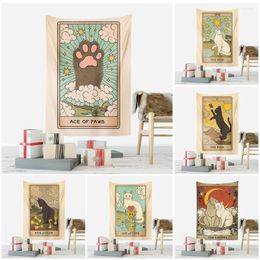 Tapisseries murales suspendues avec carte de Tarot de chat, décor de chambre Kawaii, tissu de sorcellerie d'intérieur Hippie, décoration esthétique de la maison