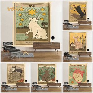 Wandtapijten Kat Tarot Kaart Tapijt Muur Hangend Boho Hippie Zon Maan Ster Doek Stof Groot Tapijt Esthetisch Interieur Dorm Slaapkamer Decor