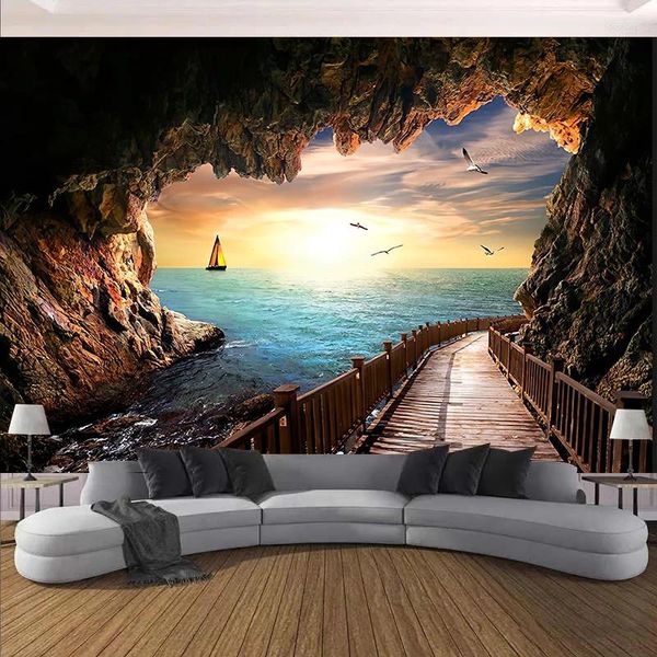 Tapisseries Cave Path Ocean Tapestry Landscape Mur suspendu chambre décoration Living Bedroom arrière