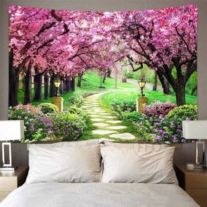 Tapisseries Tapisseries murales suspendues de chemin de fleurs de cerisier, tapisseries de paysages floraux, décor de pièce esthétique, fonds d'écran d'anniversaire de mariage pour la maison