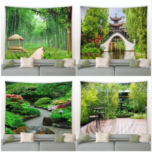 Tapisseries Tapisserie de paysage de jardin chinois printemps vert pont en arc de bambou paysage naturel tenture murale maison salon chambre décor tapis