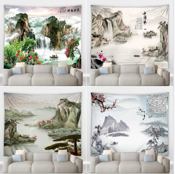 Tapices Tinta china Pintura de paisaje Tapiz grande Mural Sala de estar Niños Dormitorio Decoración de pared Manta colgante Arte para el hogar Colgar cortinas