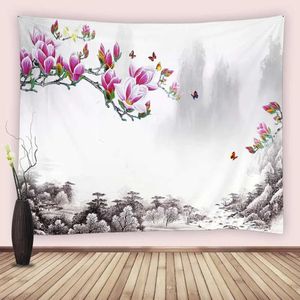 Tapices Tapiz de pintura de tinta de estilo chino, flores rosas, paisaje de pájaros, montaña, mariposa, tela para colgar en la pared, decoración para dormitorio y sala de estar