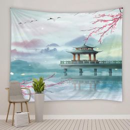 Tapisseries Style chinois paysage tapisserie pavillon rose fleur montagne eau paysage motif salon chambre dortoir chevet décor