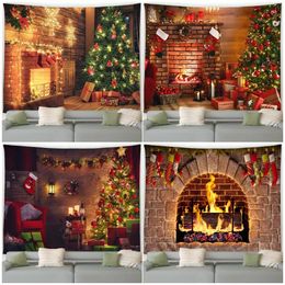 Tapisseries Tapisserie de cheminée de Noël Guirlande d'arbre de Noël Cadeaux Année Tenture murale Maison Salon Chambre Cour Décoration Murale 231101