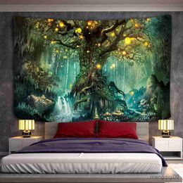 Tapisseries Noël forêt conte de fées champignon château décoration de la maison tapisserie scène psychédélique bohème fond tenture murale feuilles R230713