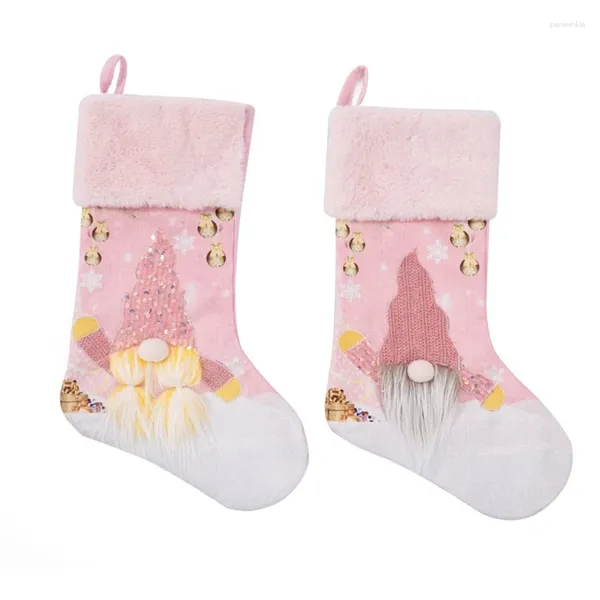 Tapisseries de Noël rose sans visage Gnome bas avec manchette en peluche LED sac cadeau éclairé ornement suspendu porte-bonbons chaussette décor