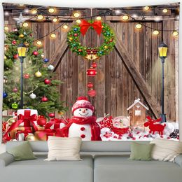 Tapisseries Tapisserie de Noël mignon bonhomme de neige boules d'arbre de Noël couronne cadeaux marron porte en bois année de Noël décor maison salon tenture murale 231201