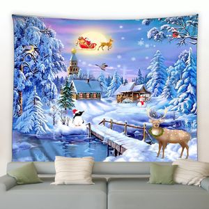 Tapisseries Tapisserie de Noël Père Noël Elk Arbre de Noël Maison de neige Bonhomme de neige Fond Tenture murale Tapisseries Décor de vacances Couverture 231122