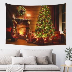 Tapestries kersttapijtboom en open haard achtergrond gemonteerd warme familie muur hangende achtergrond thuiskamer decoratie cadeau 220908