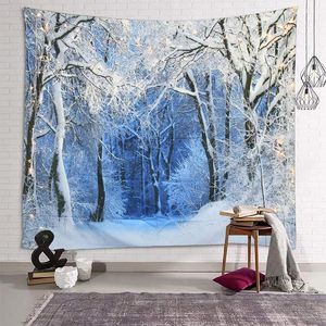 Tapisseries Tapisserie De Noël Tenture Murale Nature Forêt Blanche Neige Grand Pour La Fête Salon Chambre Dortoir Décor À La MaisonTapisseries