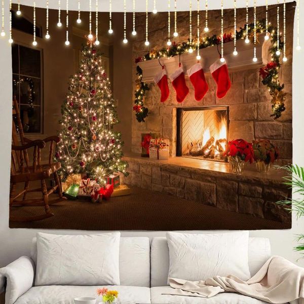 Tapices Tapiz de pared del árbol de Navidad Decorado con luces y regalos colgando un gran poliéster para la sala de estar dormitorio del dormitorio