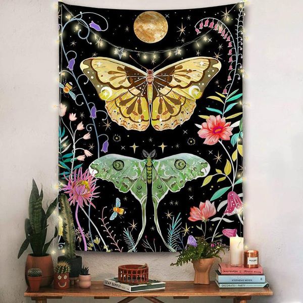 Tapisseries Cilected Fond Noir Fleur Papillon Imprimer Tapisserie Lune Tenture Murale Salon Chambre Peintures Décor De Fête TapestryTap
