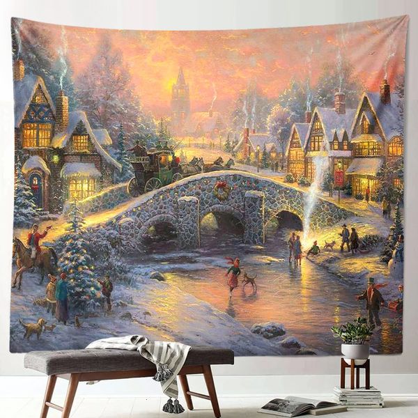 Tapices Cilected Navidad Escena de nieve Tapiz Decoración Año Tela Arte Colgando Pintura Colgante de pared Hogar Mantel Cortina 230626