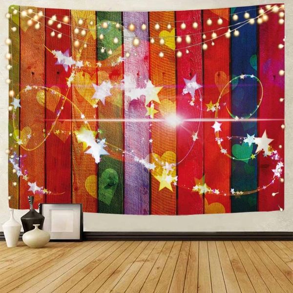 Tapices Tapiz de color Tablero vertical grande Estrellas y luces de colores Diseño Carpintería Pueblo Vida Colgante de pared para decoración de dormitorio