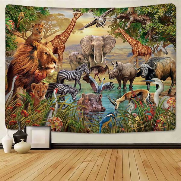 Tapisseries personnalisables africaines prairie Animal dessin animé tenture murale serviette de plage mince couverture en Polyester Yoga Lion tapisserie