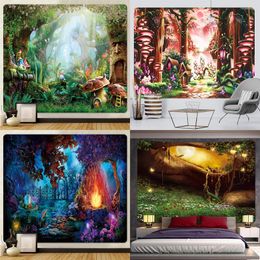 Tapisseries personnalisables elfe magique forêt brumeuse champignon scène psychédélique tenture murale décoration de la maison tapisserie