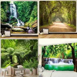 Tapisseries Personnalisable Tapisserie de paysage de forêt naturelle Tapisserie de jungle tropicale Arbres Plantes Jardin Salon Tenture murale Couverture de pique-nique