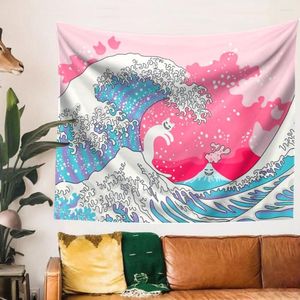 Tapices Lindo Rosa Kanagawa Wave Tapiz Colgante de pared Arte japonés Sala de estar Dormitorio Decoración Vintage