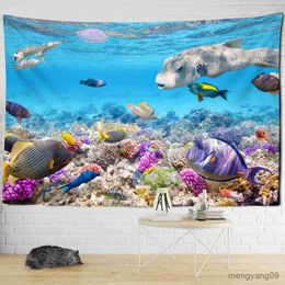 Tapices de pescado de mar y tapiz de coral pared colgante animales marinos dormitorio sala de estar arte decoración del hogar R230815