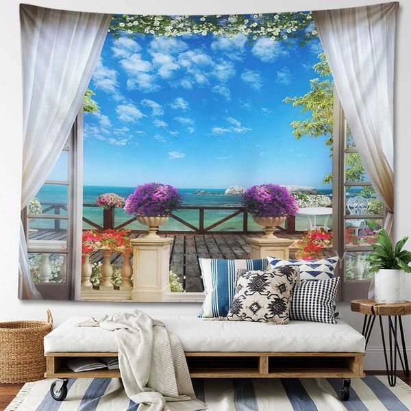 Tapisseries Dôme Caméras Plage Cocotier Paysage Tapisserie Tenture Murale Trippy Mur Art Chambre Fenêtre Décor Mur Tapisserie Rideau Fond