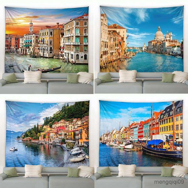 Tapisseries Dôme Caméras Personnalisable Venise Ville D'eau Tenture Murale Danois Conte De Fées Bateau De Croisière Paysage Tapisserie Hippie Chambre Maison Chambre R230714