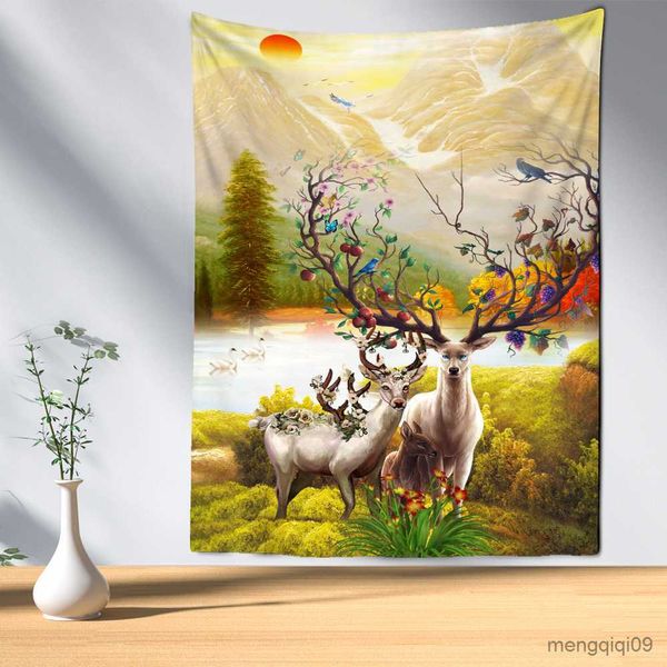 Tapisseries Dôme Caméras Forêt Elk Coucher De Soleil Tapisserie Murale Bohème Hippie Psychédélique Kawaii Filles Dortoir Décor À La Maison R230714