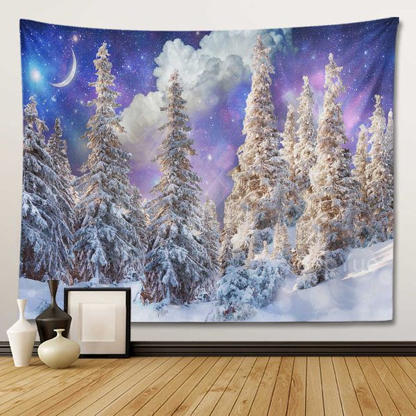 Tapisseries dôme caméras neige hiver forêt tapisserie esthétique noël décoratif ciel étoilé paysage arbre grande tapisserie en tissu décoration murale à suspendre