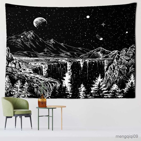 Tapisseries Caméras dôme Nuit étoilée Couverture suspendue Tapisserie de montagne Tapisserie étoile de lune Tapisserie noir et blanc Chambre Salon Tapisserie R230714