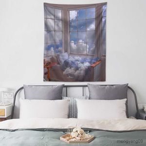 Tapestries Dream Blue Sky Sky Wolk Tapijtwand Hangen Raam Maan Landschap Wall Doek Tapijt Slaapkamer Slaapkamer Dorm Aesthetische kamer Decor R230816