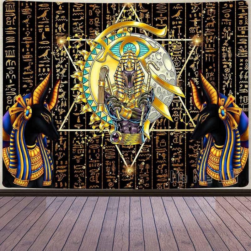 Tapisseries Dieu égyptien Tapisserie Anubis Mythique Golden Rune Pentagramme Pharaon Sceptre Oeil d'Horus Tenture murale