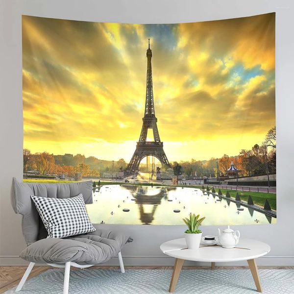 Tapisseries tour Eiffel, réflexion de l'eau, Architecture française, décor de salon, chambre à coucher, dortoir, tissu de fond