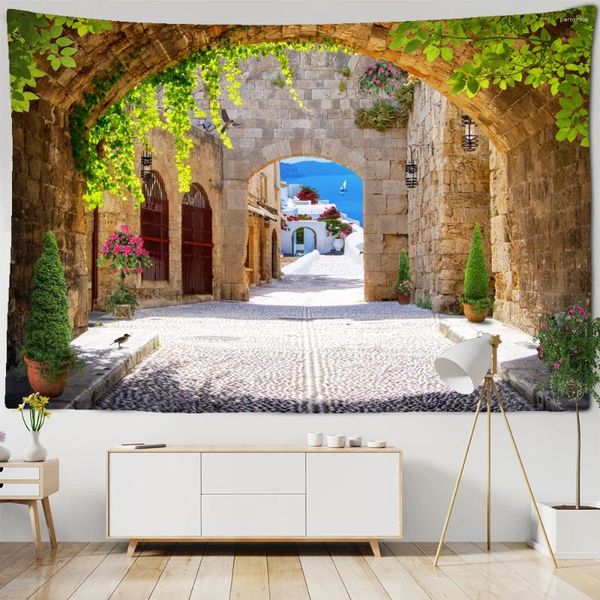 Tapisseries style européen 3d arc petite ville rue View Tapestry mur suspendu mandala art art décoratif hippie yoga couverture