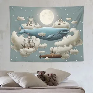 Tapisseries contes de fées baleine bleue volant dans le ciel de rêve autour des nuages navires de pleine lune couverture murale suspendue pour dortoir de la chambre