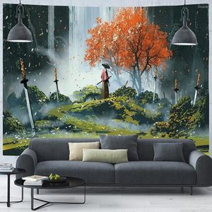 Tapices de hojas de otoño, tapiz de árbol de otoño, arte samurái, carteles de espada, decoración para sala de estar y dormitorio de Anime fresco, colgante de pared