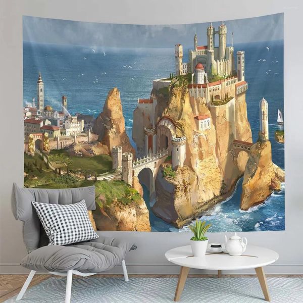 Tapisseries fantasy Cartoon Castle Tapestry Seaside Reef Land et Ocean Living Room Dorm Bounking Decoration