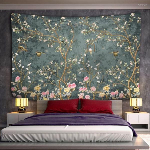 Tapisseries fleurs oiseau feuille de peinture à l'huile mur tapisserie suspendue bohème hippie sorcellerie art table de table décoration de maison