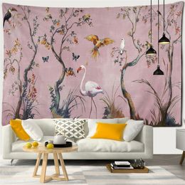 Tapices flor pájaro pintura tapiz colgante de pared bohemio Hippie brujería arte psicodélico mantel decoración del hogar tela l230330