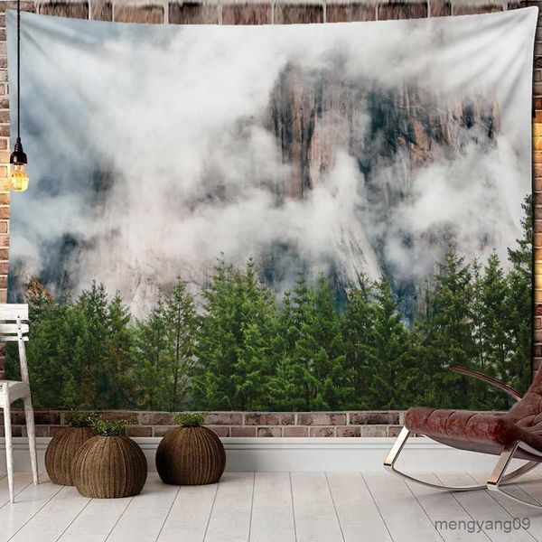 Tapisseries brouillard Snow Scene Tapestry Natural Forest Landscape Art Mur suspendu peinture couverture décoration Dormitory Bedroom Girl Tapiz R230812