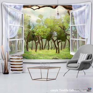 Tapestries bos buiten het raam landschap tapijtwand hangende groene natuurlijke planten hippie slaapkamer home decor r230815