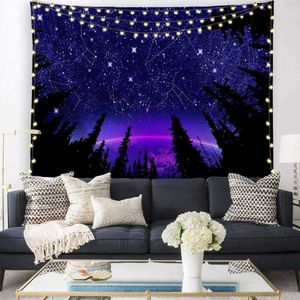 Tapisseries Forêt Tapisserie Étoilée Violet Galaxie Constellation Mur Art Tapisserie Lune Fantaisie Tapisserie Esthétique Chambre Décor Tapiz