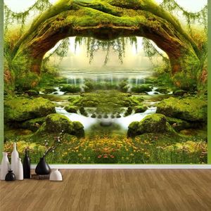 Tapisseries Forest Tapestry Nature Plant Tree Cave Green Misty Bridge and River Landscape Jungle Creek Wall Sanging Tott