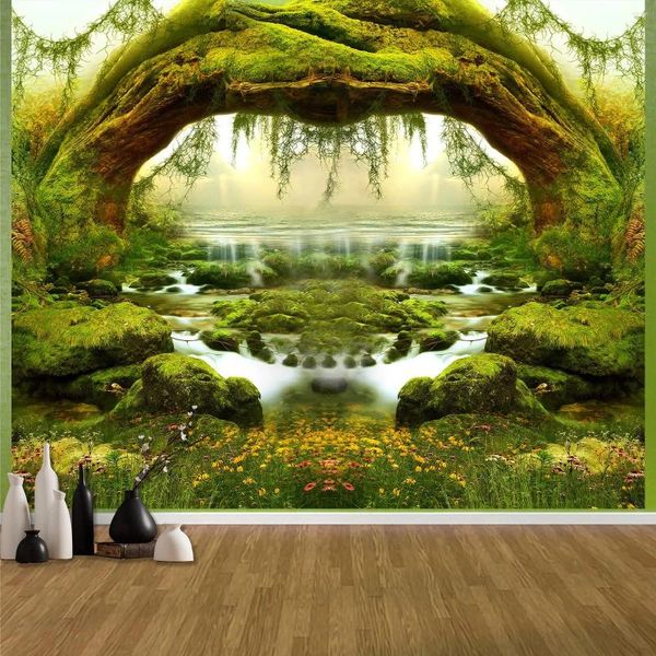 Tapices Forest Tapestry Nature Plant Tree Cave Green Misty Bridge y River Landscape Jungle Creek Wall Hanging