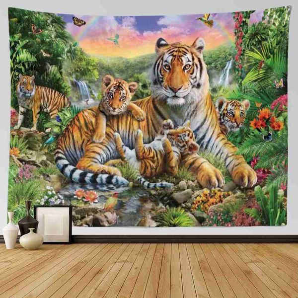 Tapisseries motif tigre de forêt, thème de la faune, décor de salon et de chambre à coucher, décoration murale suspendue d'art d'arrière-plan