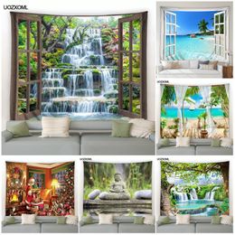 Tapisseries Forêt Cascade Paysage Tapisserie Plage Cocotier Dauphin Zen Bouddha Jardin Tenture Murale De Noël Maison Salon Décor 230616