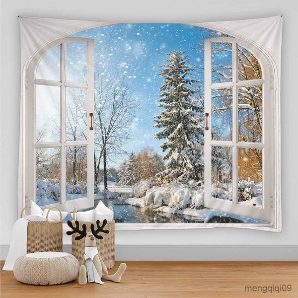 Tapisseries Forêt Fenêtre Tapisserie Décor Arbres Enneigés Paysage Boisé Frosty Winter Park Paysage D'hiver Suspendu pour Chambre Salon Dortoir R230710