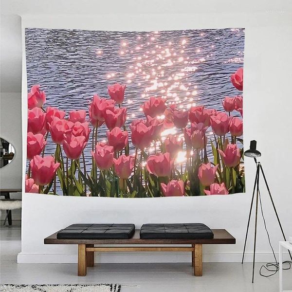 Tapisseries Fleurs Fraîches Rose Tulipe Tapisserie Tenture Murale Fille Coeur Fond Tissu Ins Art Dortoir Décor À La Maison Pique-Nique Serviette De Plage